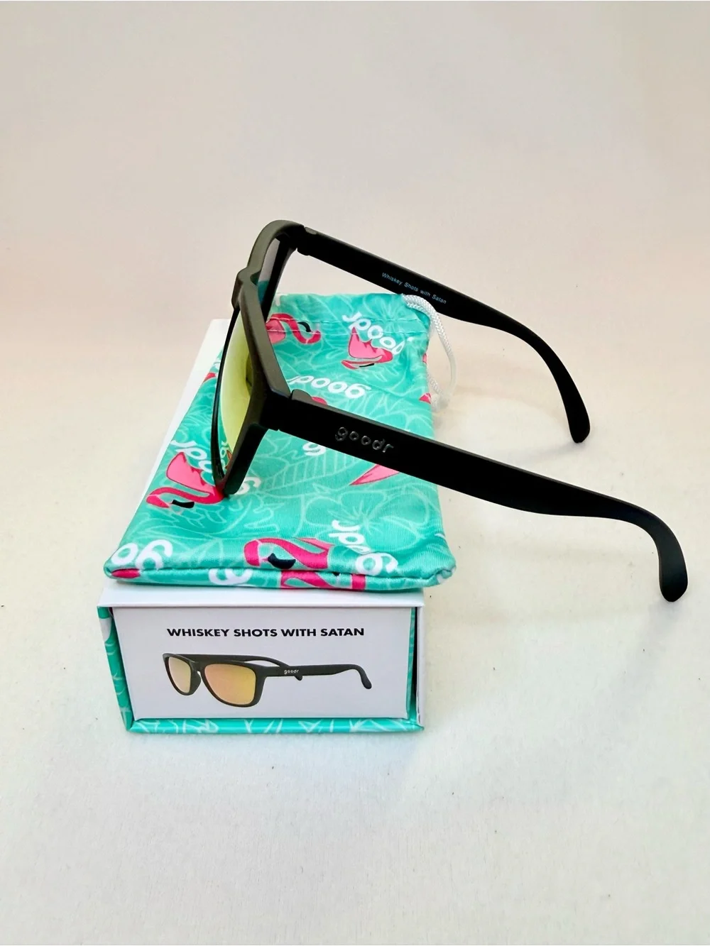 Goodr Whiskey Shots with Satan - Black Sunglasses with Gold Mirror Lenses